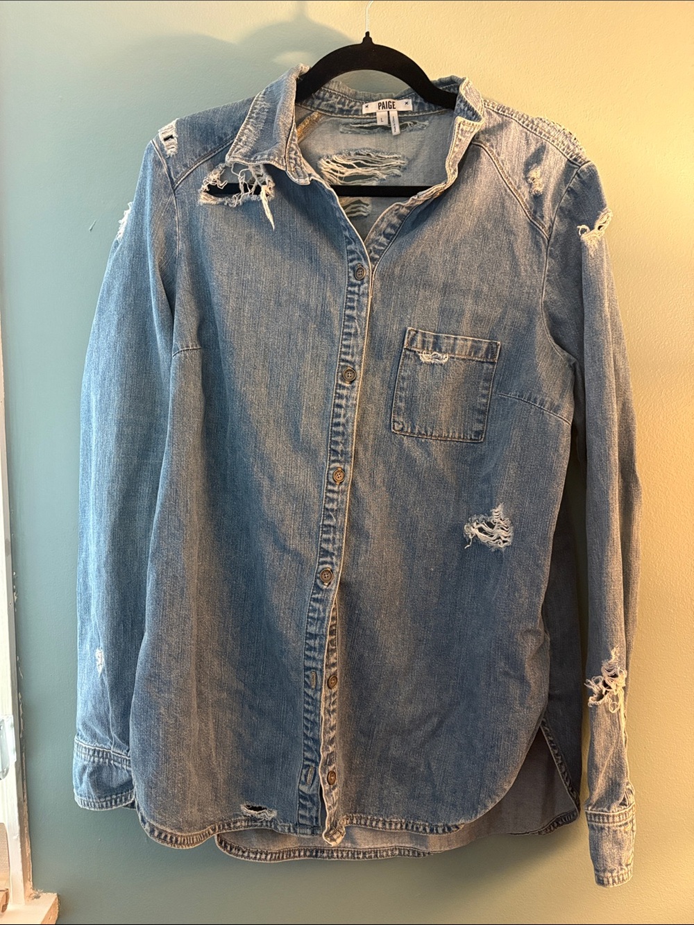 PAIGE Women's Light Blue Distressed Denim Button-Up Shirt